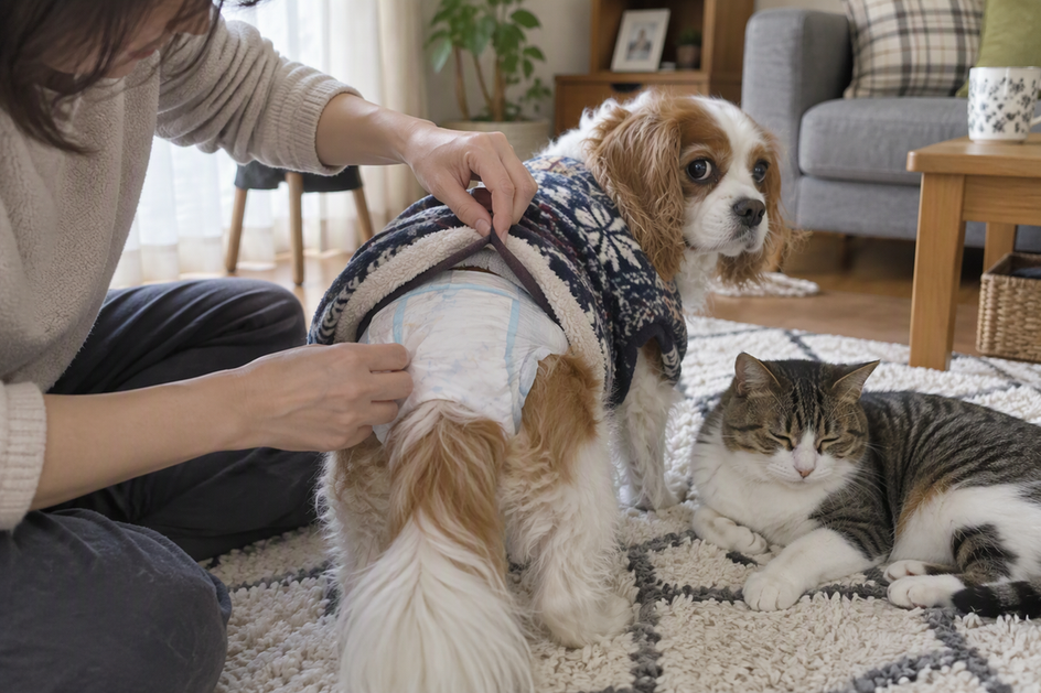 A person opens a dog's outer clothing to check the diaper, with a cat resting nearby.