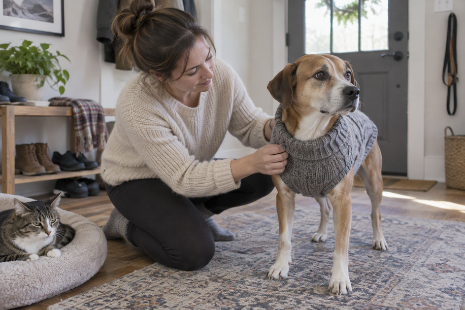 A dog wearing a knit sweater as its owner checks the fit, with a cat nearby.