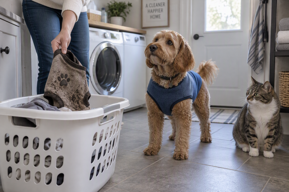 An owner sets aside a dog’s recently worn sweater while the dog wears a clean alternate; a cat is nearby.