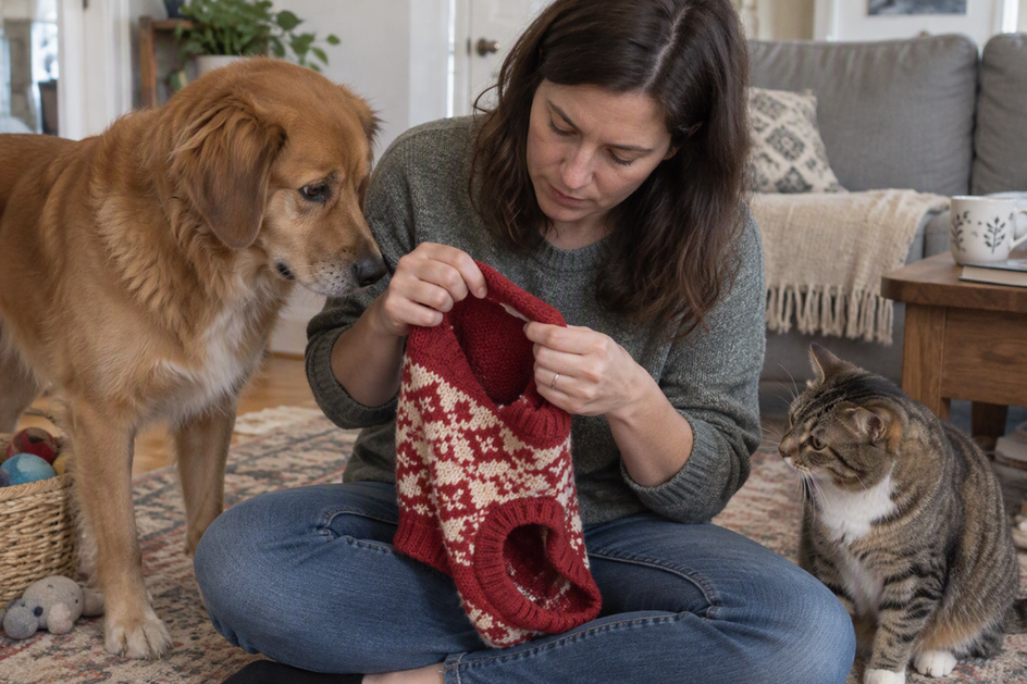 A person checks the inside seam of a dog sweater for a remaining care or brand tag while a dog and cat sit nearby.