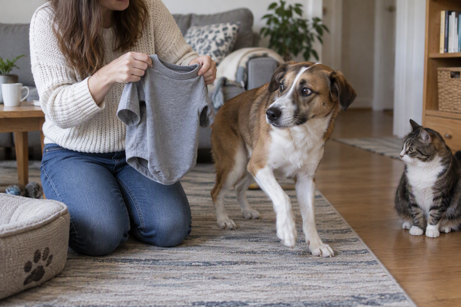 A dog turns away as an owner holds up a shirt before dressing; a cat sits nearby at home.