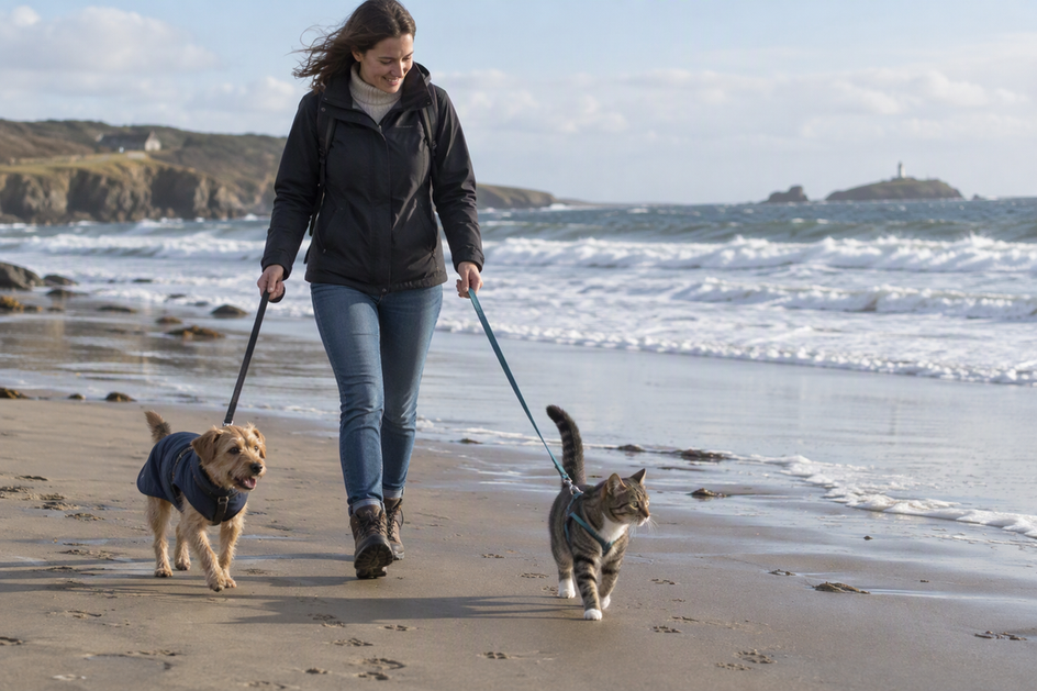 A small dog in a coat and a harnessed cat walking with their handler on a breezy beach