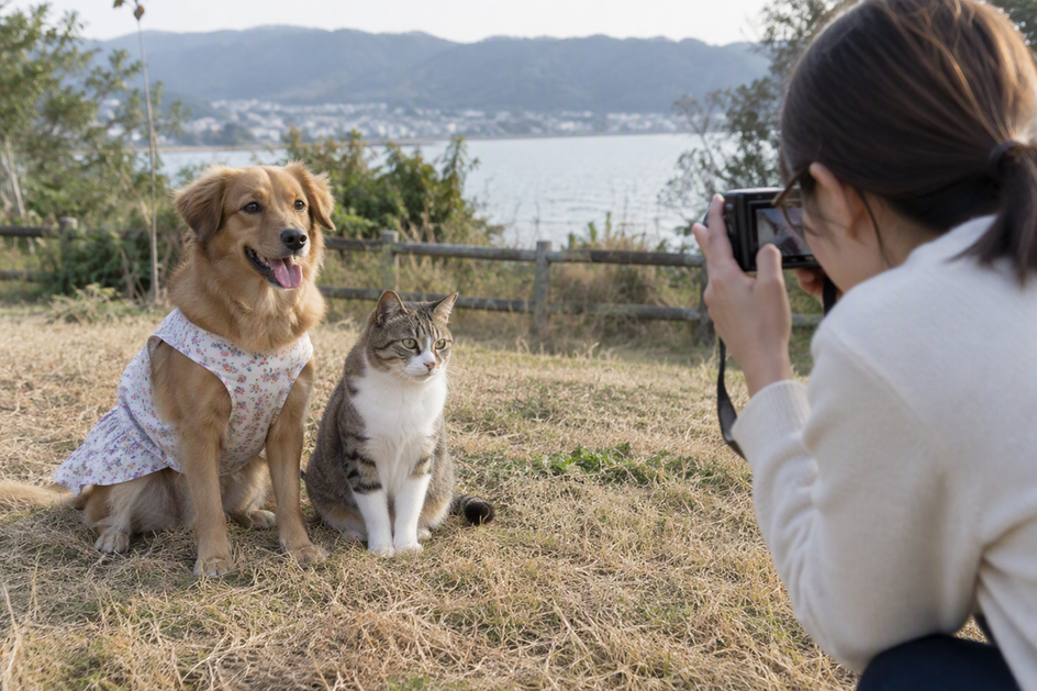 A dog in a simple dress and a cat together on grass during an outdoor pet photo session.