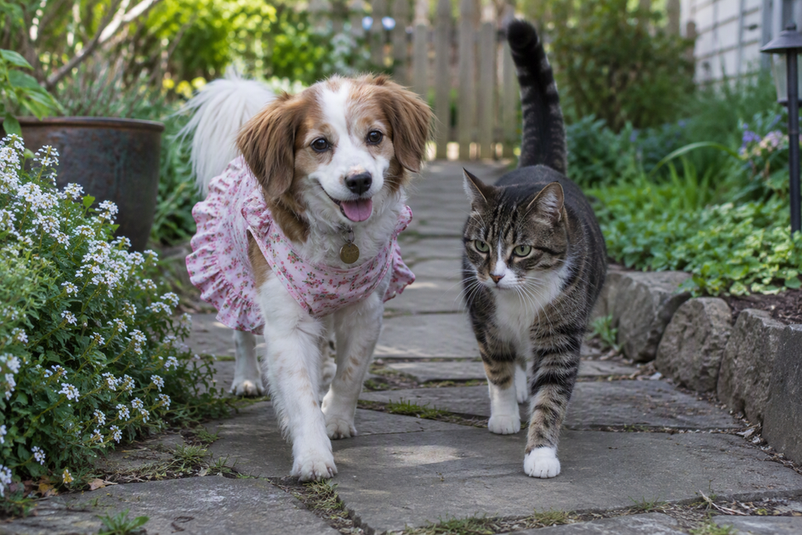 A dog in a dress walks along a garden path beside a cat.