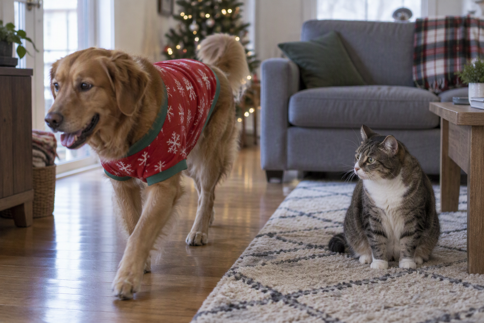 A dog in a simple holiday shirt walks past a cat at home.