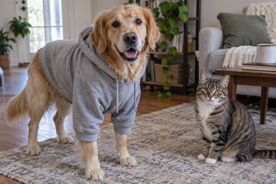 A dog wearing a plain hooded sweatshirt with the hood resting down, beside a cat at home.