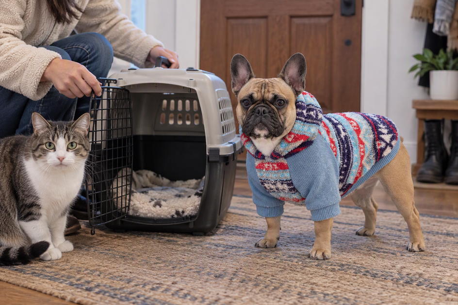 A dog wearing a patterned fleece hoodie stands beside an open pet carrier indoors, with a cat nearby.