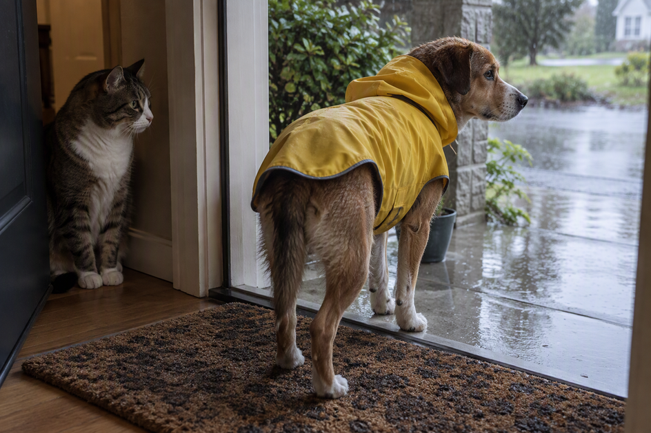 A dog in a rain jacket pauses in light rain while a cat watches from a dry doorway.