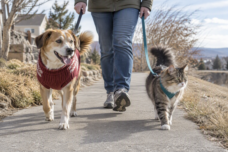 A person walks a dog in a sweater beside a harnessed cat on a dry outdoor path.