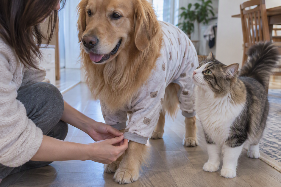 A person checks the pajama cuff on a long-haired dog standing beside a cat.