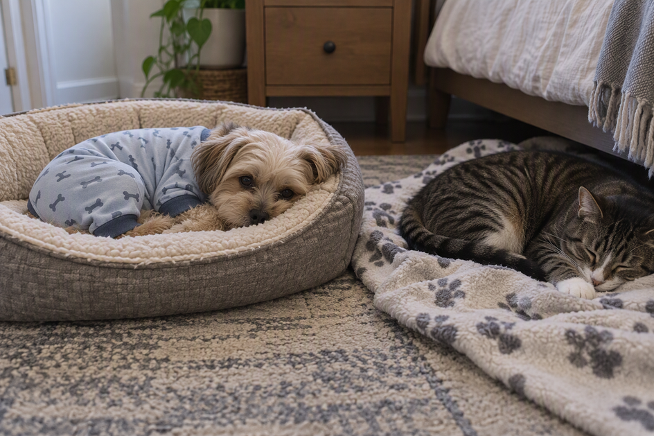 A small dog wearing pajamas settles into its bed while a cat rests on a nearby blanket.
