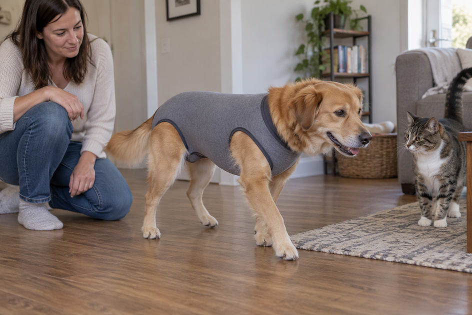 A dog wearing a recovery suit walks indoors as its owner watches the garment; a cat sits nearby.