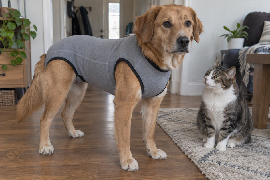 A dog wearing a recovery suit indoors, with a cat sitting nearby.
