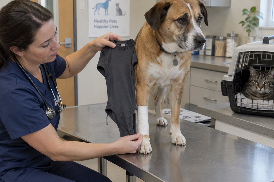 A recovery suit held beside a bandaged dog's leg during a coverage check; a cat waits nearby.
