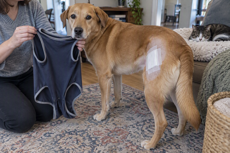 A caregiver compares an open dog recovery suit with an uncovered bandage on a dog, while a cat rests nearby.