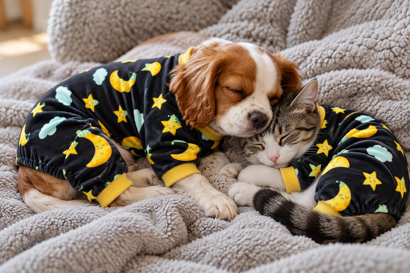 A small dog and cat lounge together in moon-and-star pajamas.