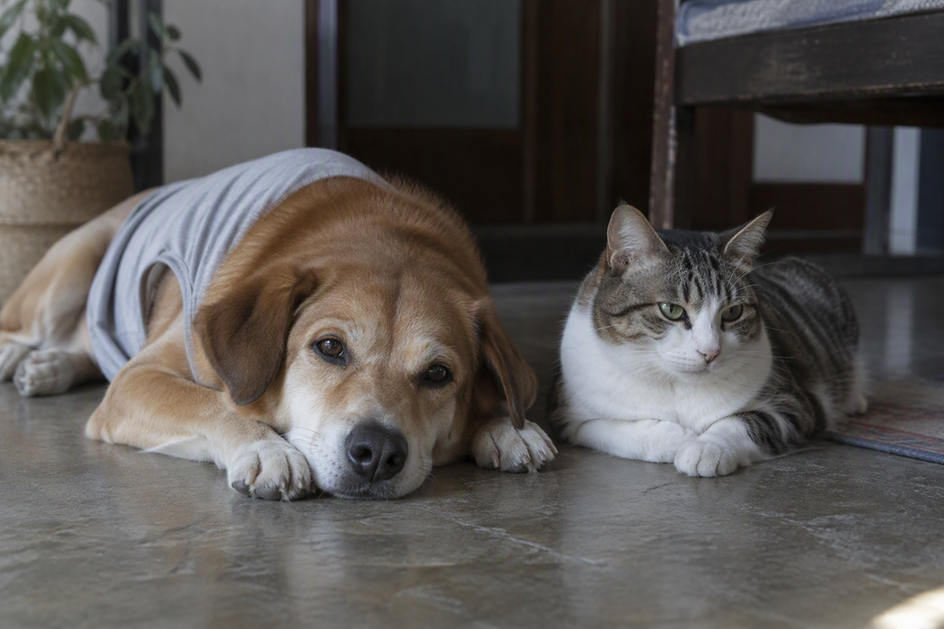 A dog in a simple shirt rests indoors beside a cat in a shaded spot.