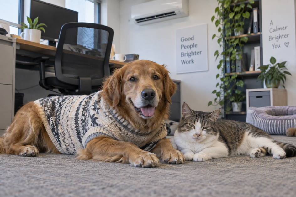 A dog wearing a knit sweater rests in an air-conditioned office beside a relaxed cat.