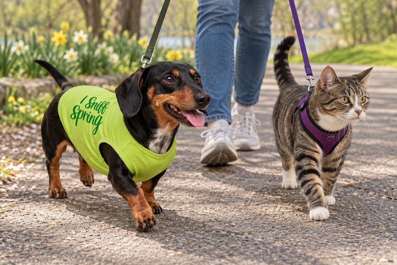 A Dachshund wears the light-green I Sniff Spring tank on a spring walk beside a harnessed cat.