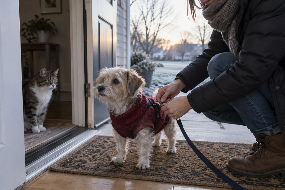 A small dog wearing a knit sweater is leashed at an open doorway on a chilly morning as a cat watches from inside.