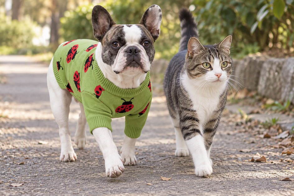 A dog wearing a green ladybug-pattern knit sweater walks beside a cat on a path.