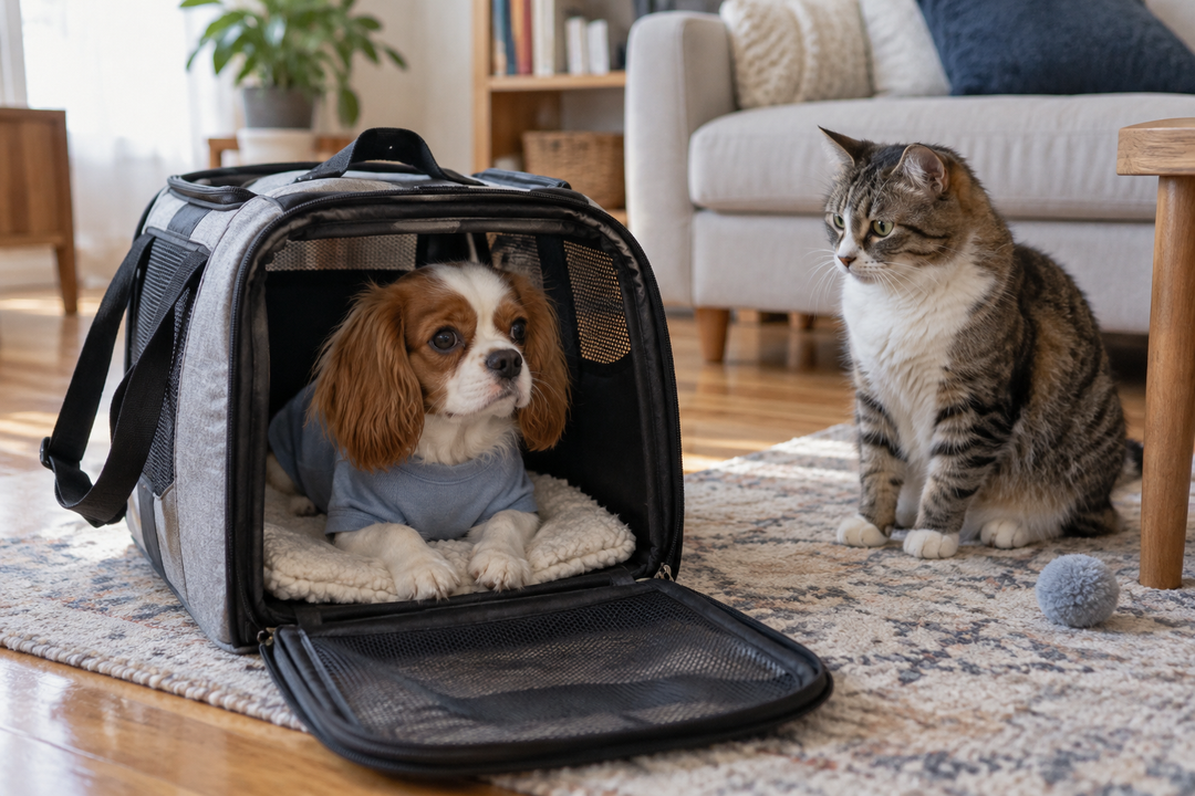 Small dog wearing a simple shirt settles in a travel carrier at home, with a cat nearby.