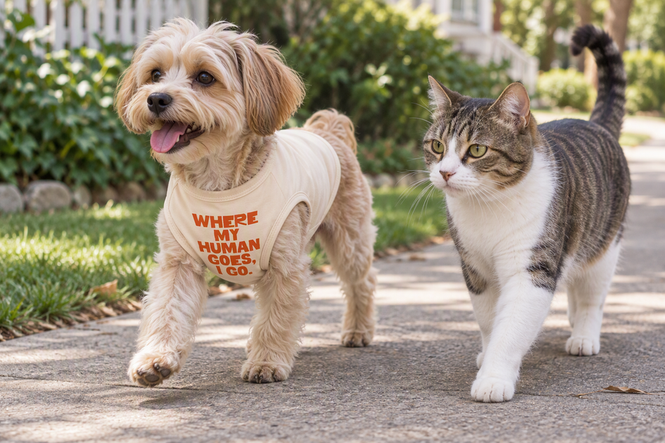 A small dog in a beige sleeveless shirt walks beside a cat; the dog's legs remain uncovered.