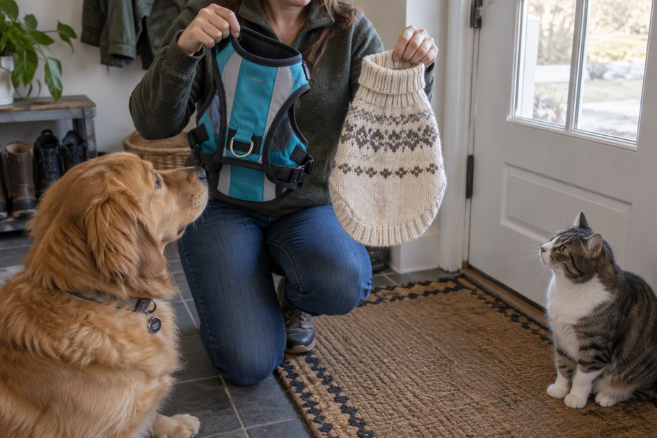 A person compares a dog vest and sweater while a dog and cat wait nearby before a walk.