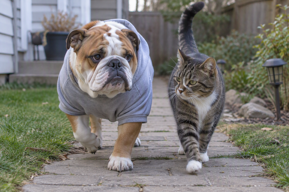 An English Bulldog in a plain hoodie walks alongside a cat on a yard path.
