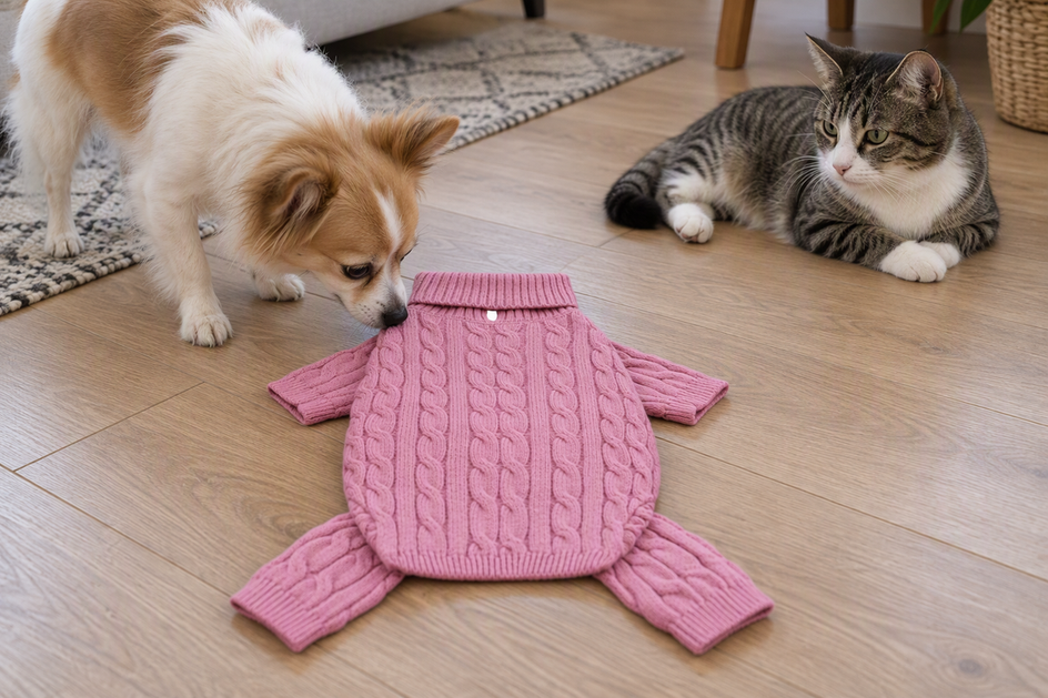 A small dog sniffs a pink knit dog sweater beside a resting cat.