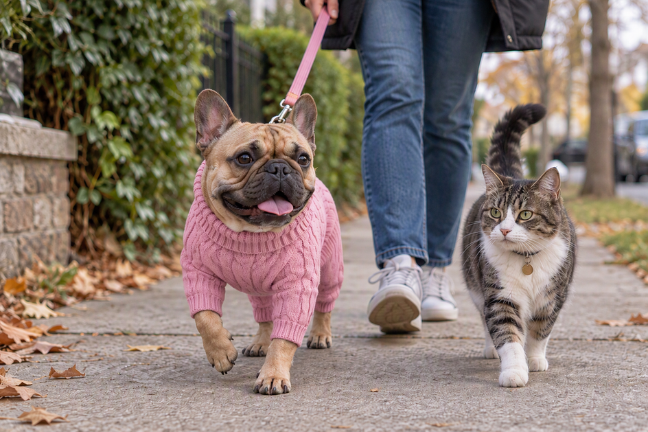 A French Bulldog in a pink knit turtleneck sweater walks along a neighborhood path beside a cat and their handler.