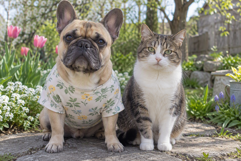 A French Bulldog in a simple spring shirt sits beside a cat in a garden.