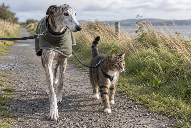 A Greyhound in a lightweight coat walks beside a harnessed cat on a breezy path.