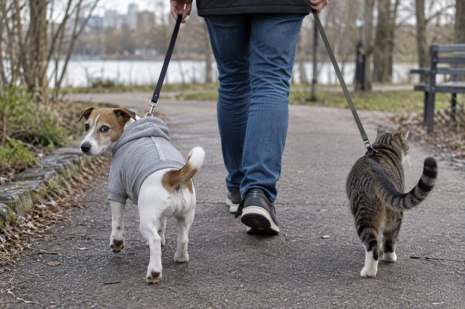 A Jack Russell in a hoodie turns on a park path as a cat walks nearby on a leash; the hoodie’s back seam sits off-center.