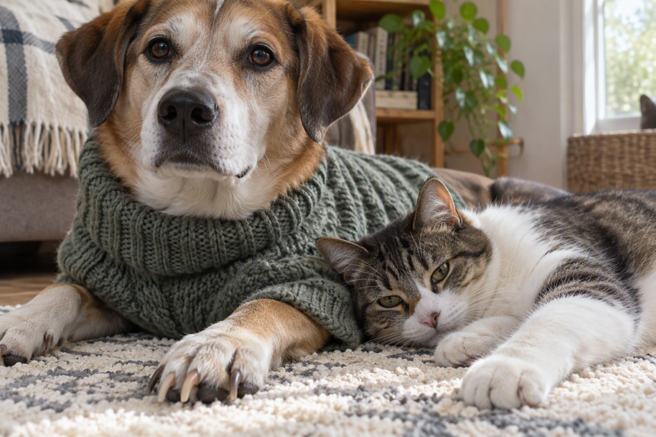 A long-nailed dog in a textured knit sweater rests beside a cat, with the dog's front paw near the sweater hem.
