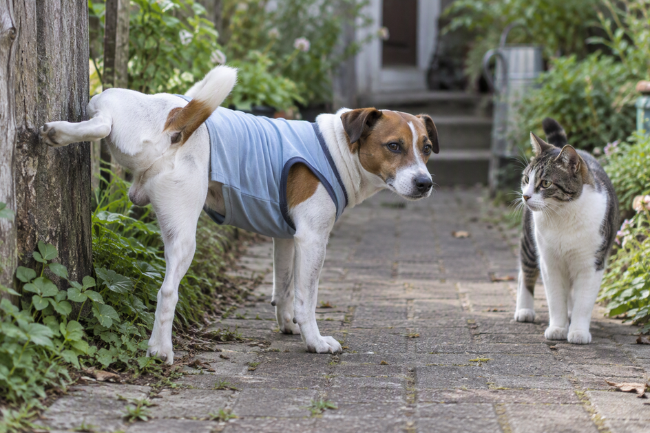 A male dog in a sleeveless shirt takes a leg-lift potty stance outdoors with the hem clear and a cat nearby.