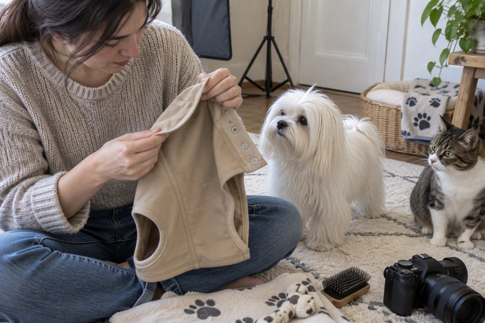 A person checks the inside edge of a plain dog shirt beside a long-haired Maltese and a cat.
