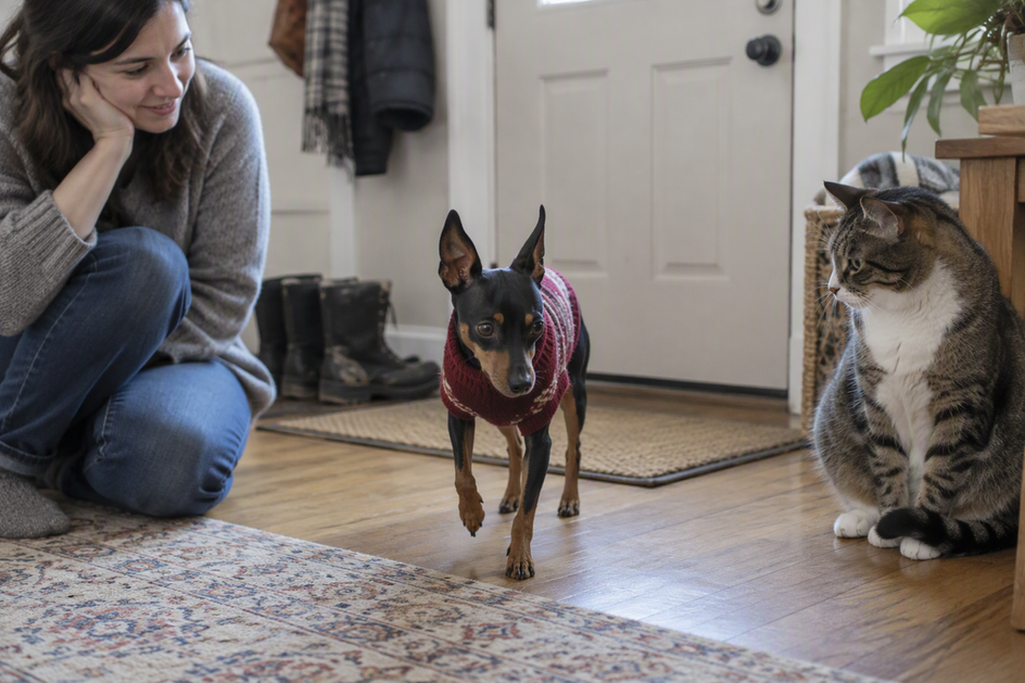 A person watches a Miniature Pinscher walk indoors in a sweater after a cool morning outing, with a cat nearby.
