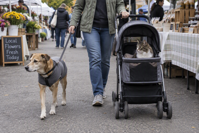 Leashed dog in a simple layer and a cat in a pet stroller at an outdoor market.