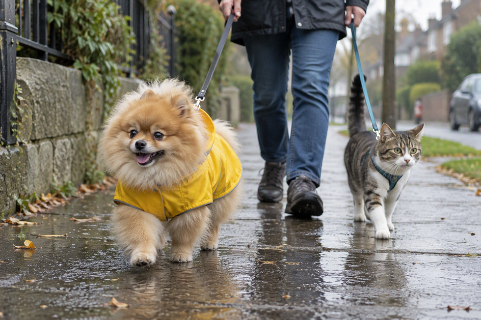 A fluffy Pomeranian in a raincoat walks beside a cat on a damp path.