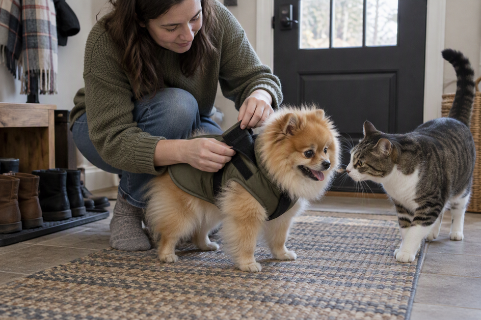 A person unfastens a Pomeranian’s coat in a home entryway while a cat approaches the dog.