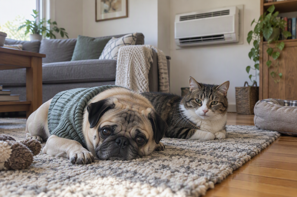 A Pug wearing a lightweight dog sweater rests beside a cat in a living room with a wall air-conditioning unit.