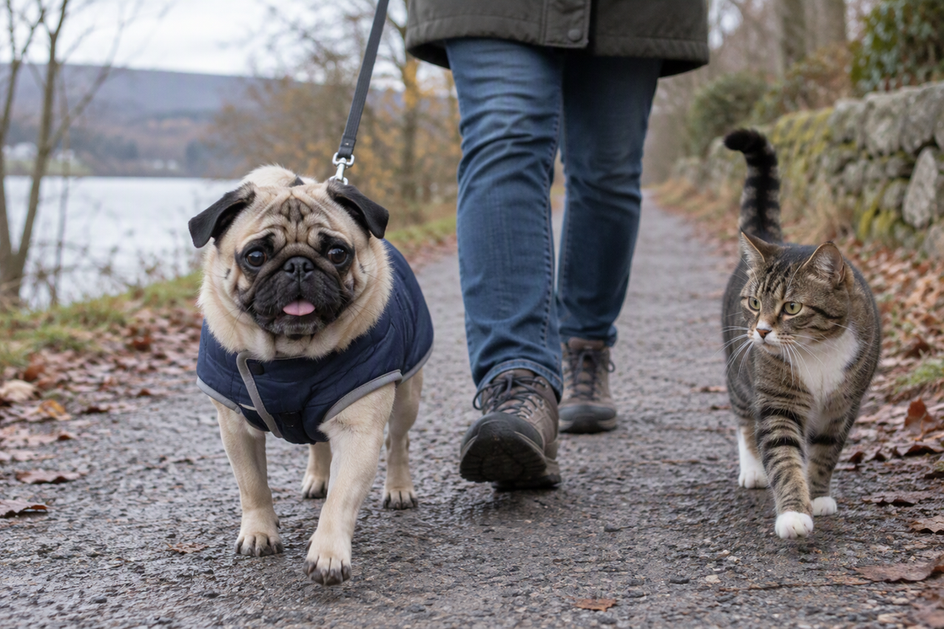 A Pug in a simple dog coat walking on a cool path beside a cat.