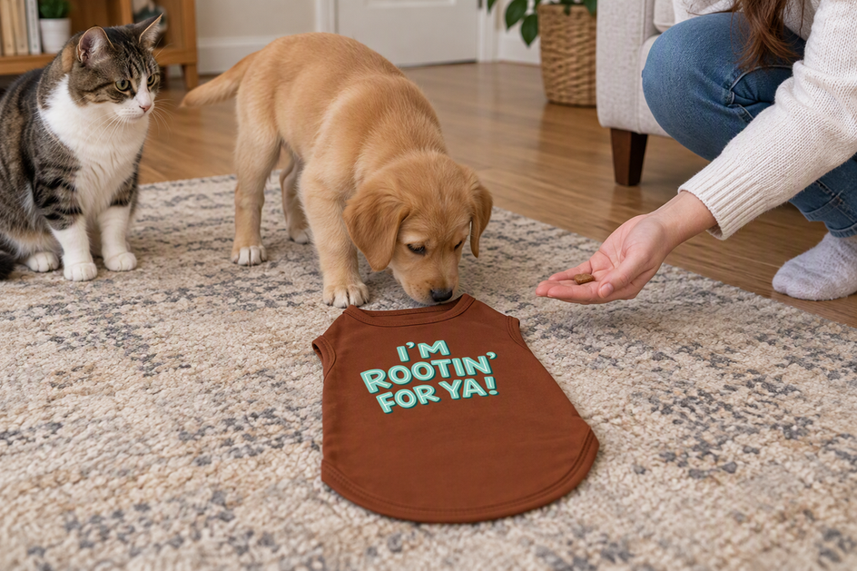 A puppy sniffs a brown sleeveless dog shirt as a person offers a treat, with a cat sitting nearby.