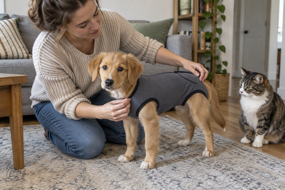 A caregiver checks the position of a recovery suit on a standing puppy while a cat sits nearby.