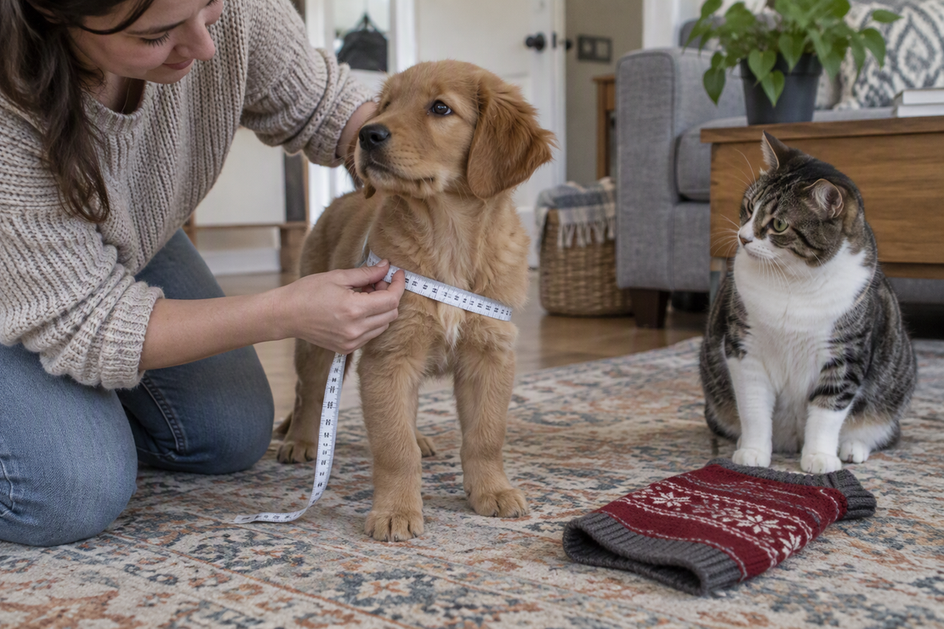 A person measures a standing puppy’s chest while a cat sits nearby and a dog sweater rests within reach.