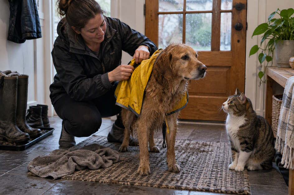 A dog’s rain jacket being removed in a home entryway after a rainy walk, with a cat nearby.
