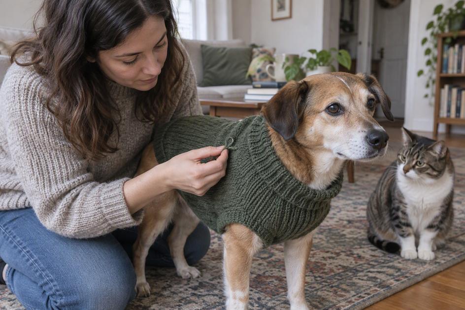 A person checks a small pulled loop on a dog’s sweater while a cat sits nearby.
