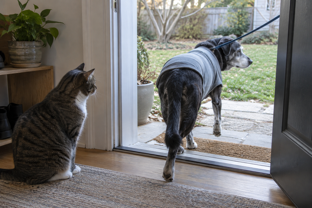 A gray-muzzled dog wearing a simple shirt steps through an open doorway toward a yard, with a cat nearby.