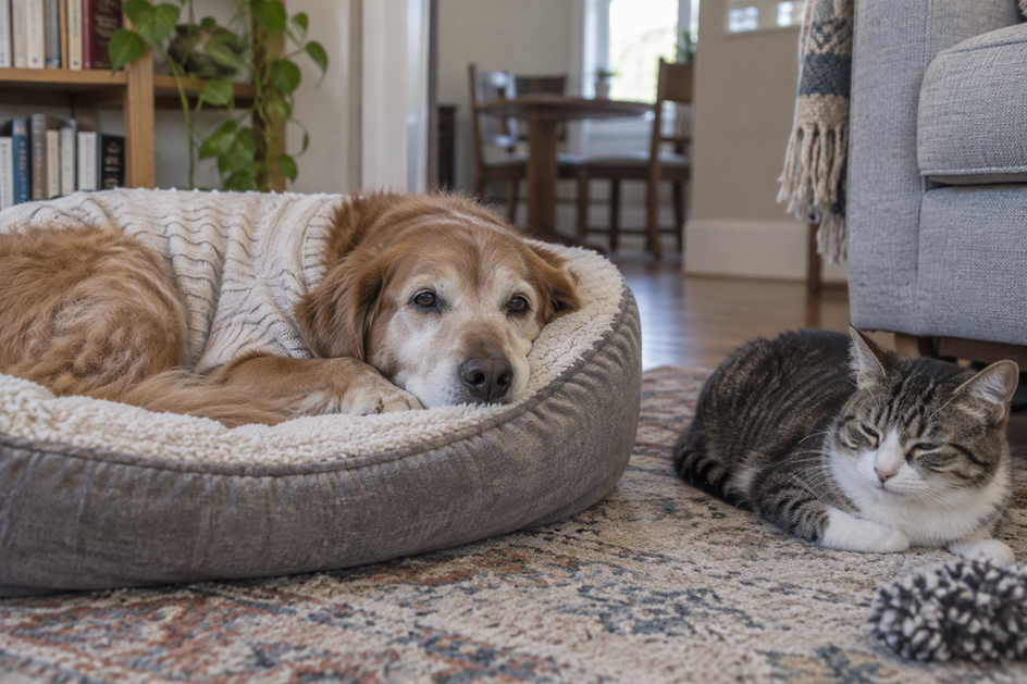 An older dog wearing a light sweater rests on a bed beside a cat indoors.